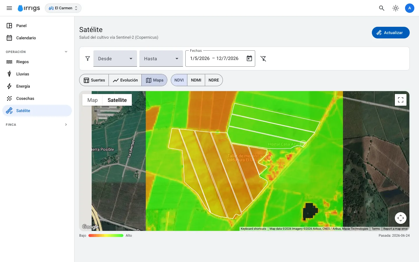 Mapa NDVI de un tablón en irrigs